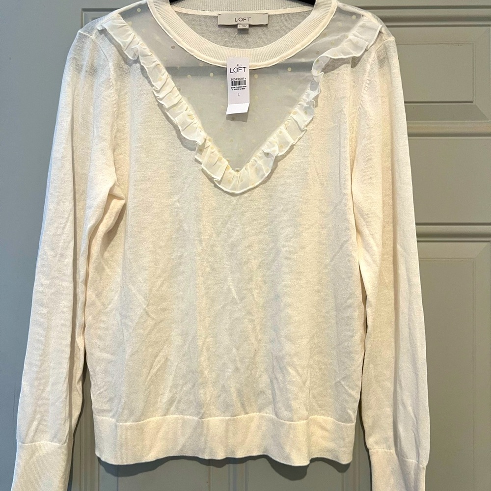 NEW Loft Cream Ruffle Sheer Dot Yoke Mixed Media Sweater